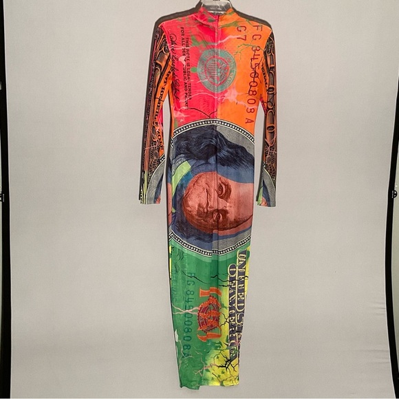 No 1 Los Angeles Long Sleeve Stretch Dollar Print Mesh Bodycon Sexy Maxi Dress - Picture 14 of 14